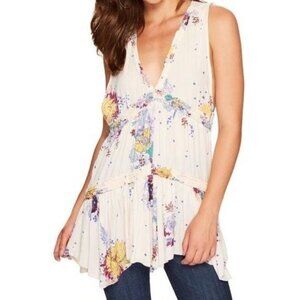 Free People Ruffle Tunic Top XS Purple Haze Floral Tiered Cream Multi Floral